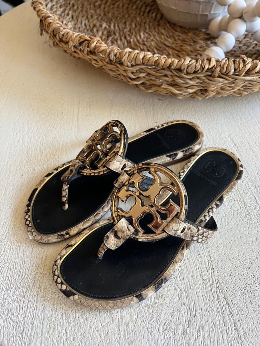 Tory Burch Black and Beige Snake-Print Miller Sandals with Gold Logo - Picture 2 of 6